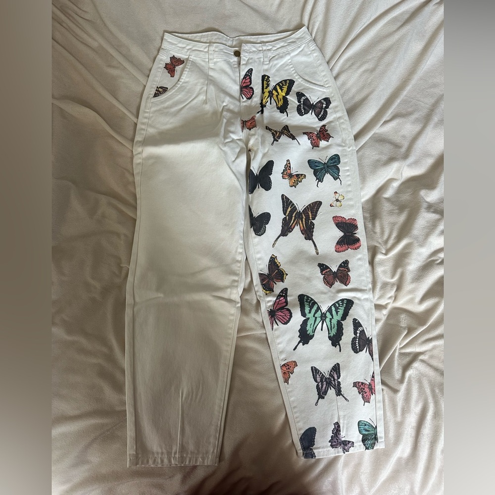 SHEIN White Jeans with Butterfly Design